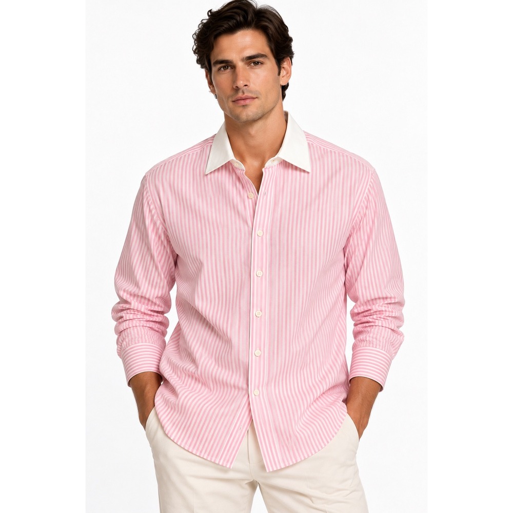 Artigiano Mens Pink White Striped Contrast Collar Button Down Shirt Made Italy S